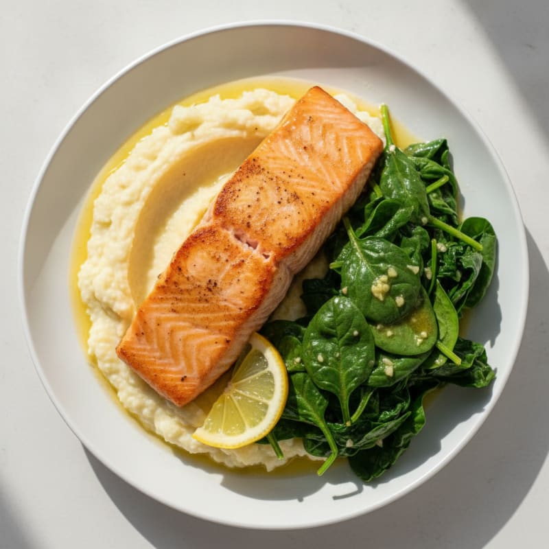 Seared Salmon Fillet with Lemon Butter Spinach and Cauliflower Mash