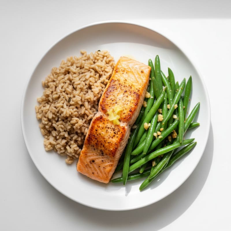 Seared Salmon Fillet with Garlic Green Beans and Brown Rice