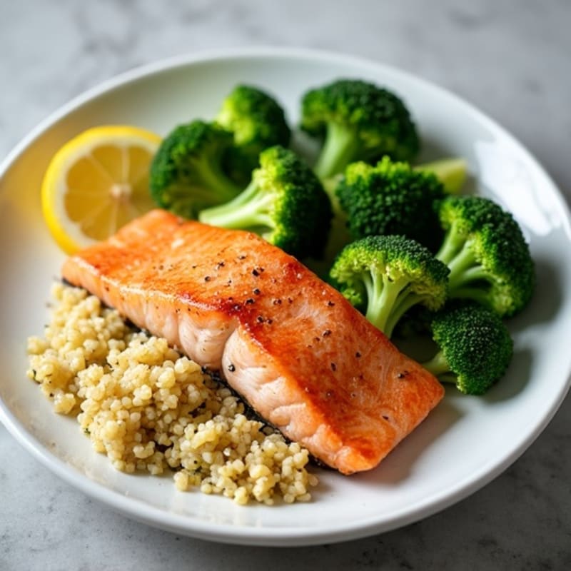 Seared Salmon with Steamed Broccoli and Lemon Quinoa