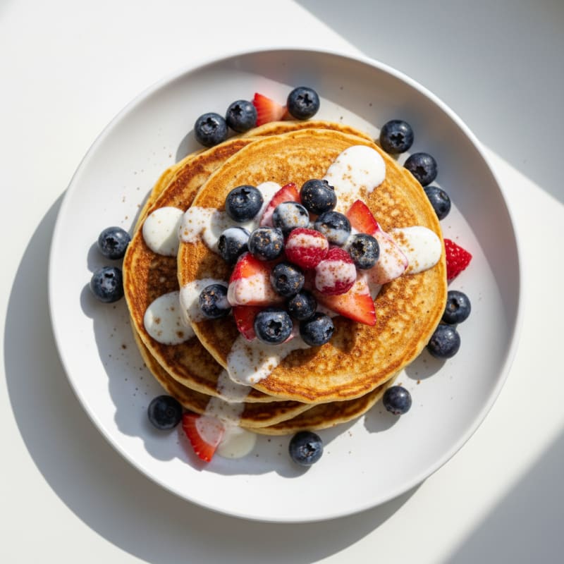 Fluffy Golden Protein Pancakes with Berries