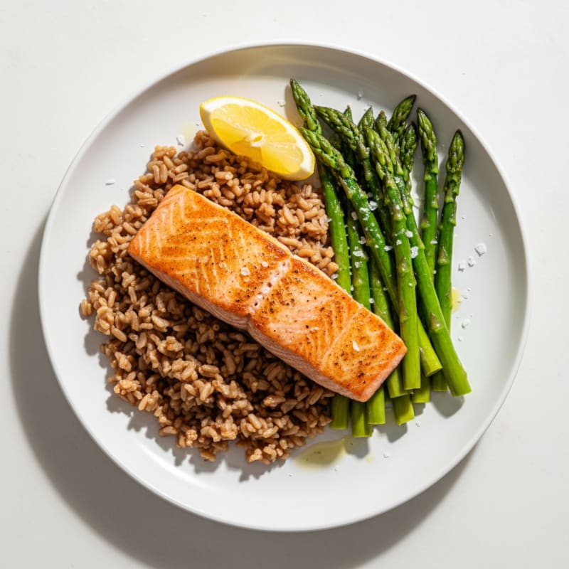 Seared Salmon with Steamed Asparagus and Brown Rice