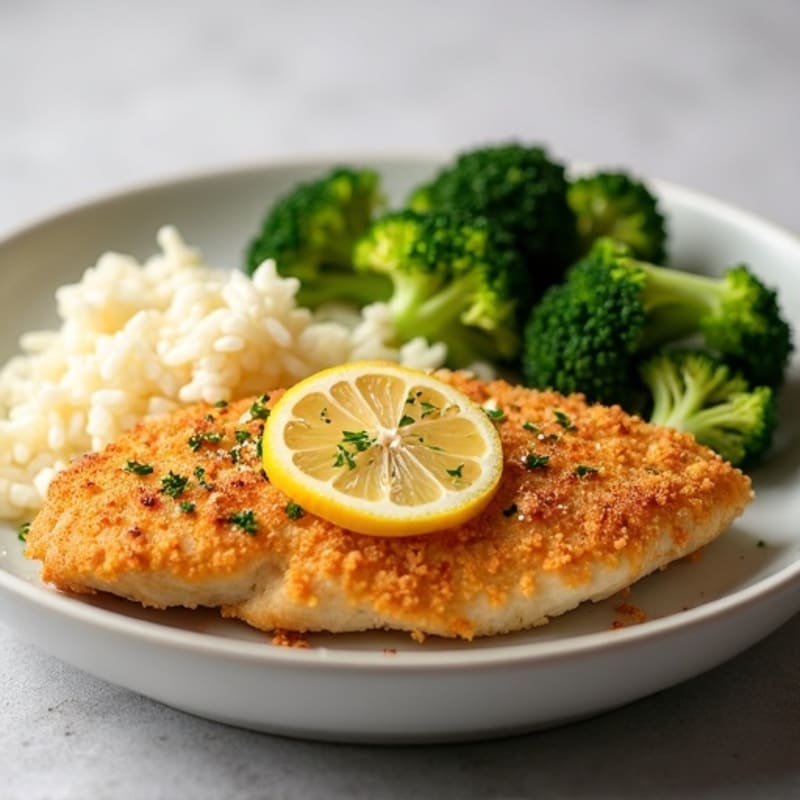Crispy Lemon Chicken with Fluffy White Rice and Roasted Broccoli