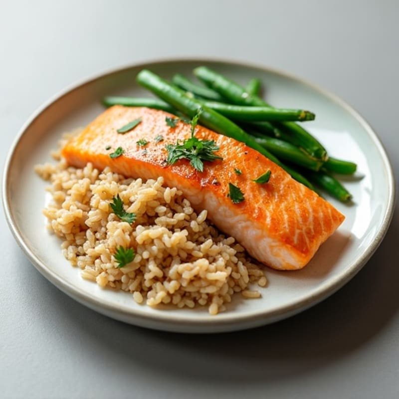 Seared Salmon with Garlic Green Beans and Brown Rice