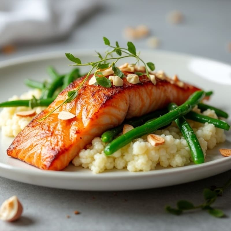 Seared Salmon with Steamed Green Beans and Garlic Cauliflower Mash