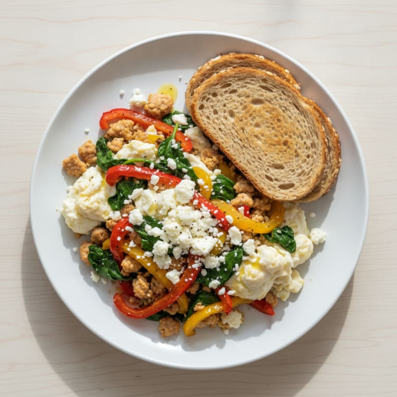 Egg White and Ground Turkey Scramble with Roasted Peppers and Spinach