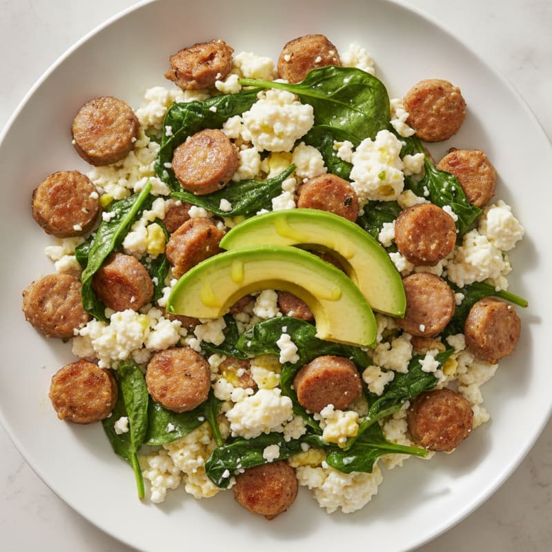 Egg White and Turkey Sausage Scramble with Spinach and Cottage Cheese