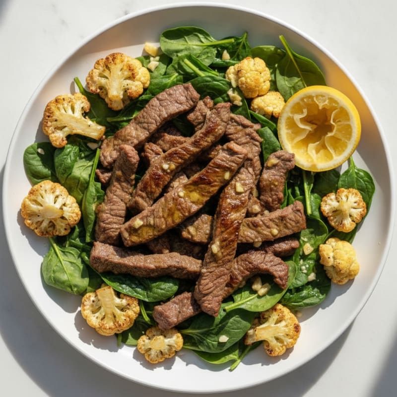 Seared Lean Beef Strips with Roasted Cauliflower and Spinach