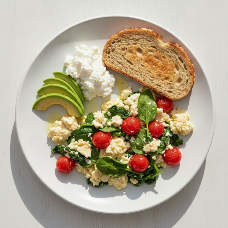 Egg White and Spinach Scramble with Cottage Cheese and Cherry Tomatoes