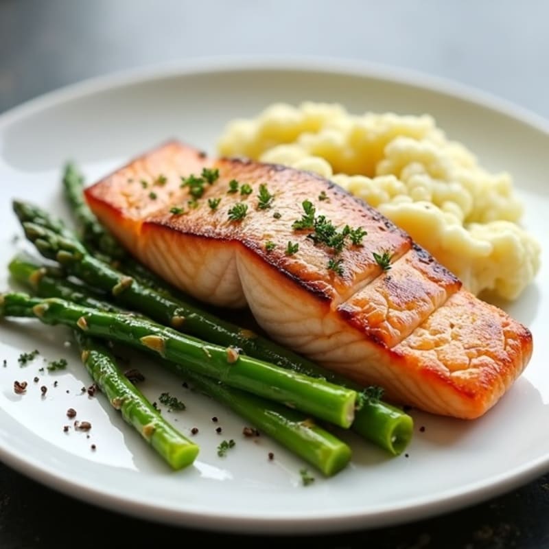 Seared Salmon Fillet with Steamed Asparagus and Garlic Mashed Cauliflower