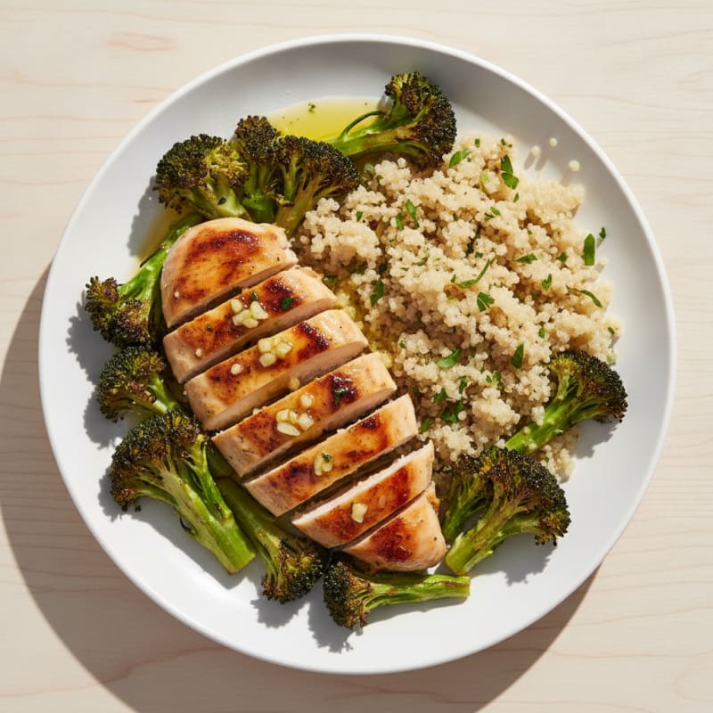 Grilled Lemon-Garlic Chicken Breast with Quinoa and Roasted Broccoli