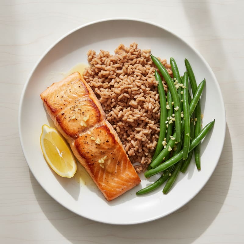 Seared Salmon with Garlic Green Beans and Brown Rice