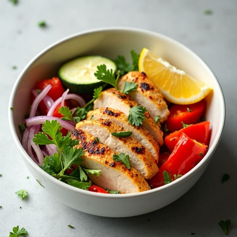 Grilled Chicken and Roasted Vegetable Power Bowl with Zesty Herb Dressing