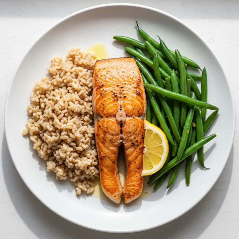 Seared Salmon Fillet with Steamed Green Beans and Brown Rice