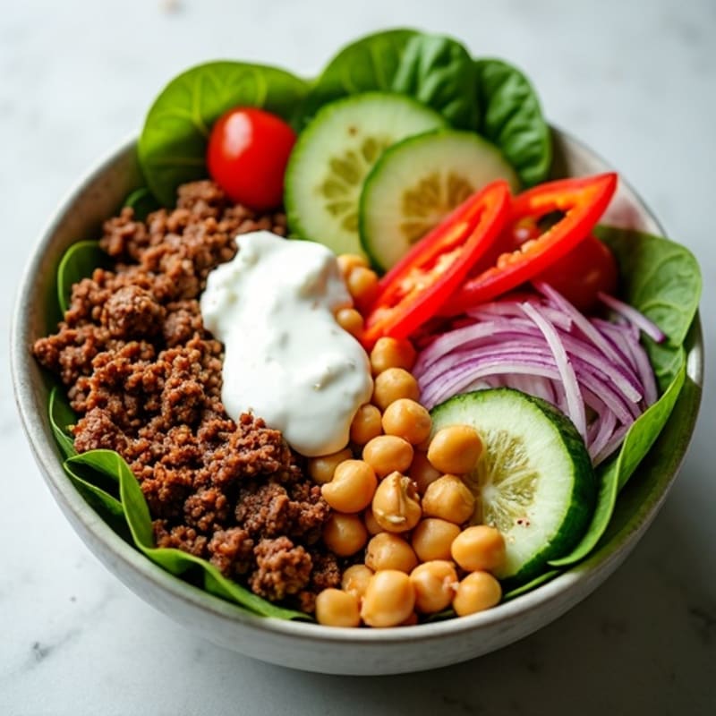 Lean Ground Beef and Fresh Veggie Bowl with Creamy Tangy Dressing