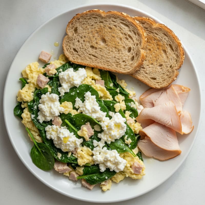 Egg White and Spinach Scramble with Cottage Cheese and Sliced Turkey