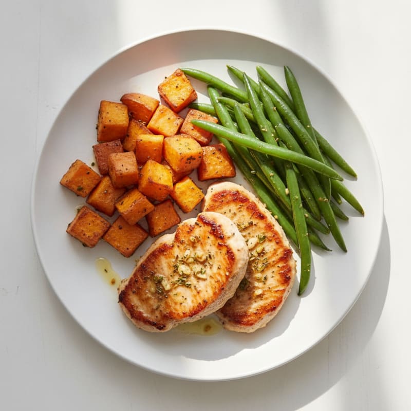 Seared Turkey Cutlets with Roasted Sweet Potatoes and Green Beans