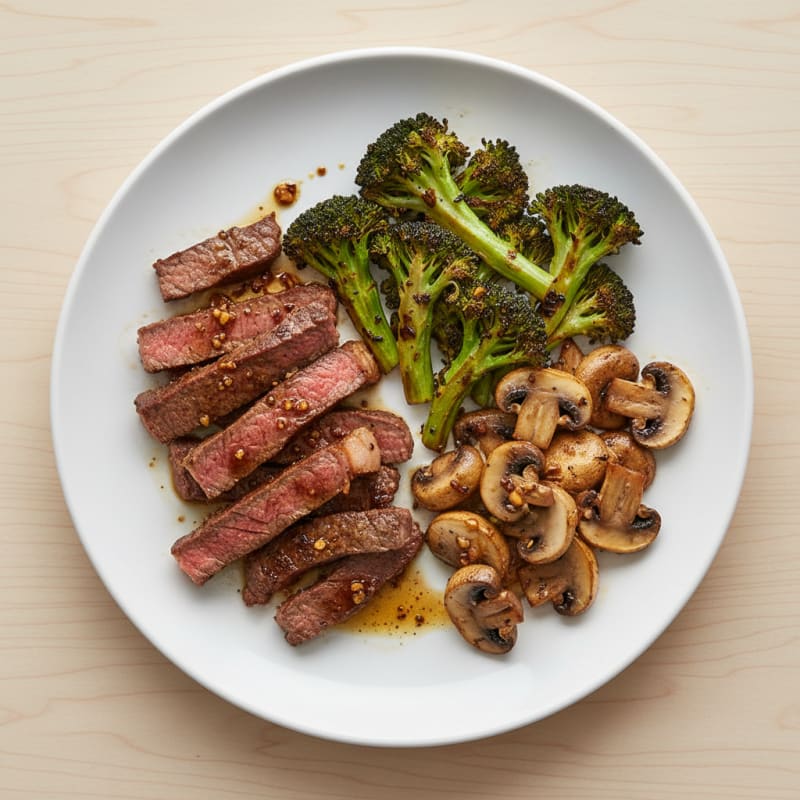 Seared Beef Strips with Roasted Broccoli and Garlic Mushrooms