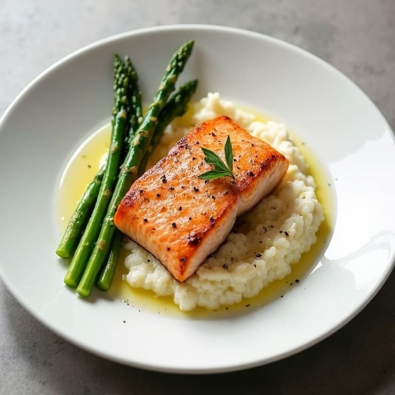 Seared Salmon with Steamed Asparagus and Cauliflower Mash