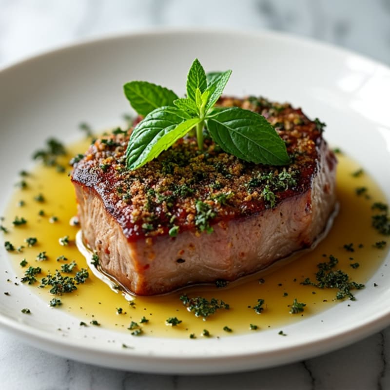 Herb-Crusted Pan Seared Lamb Backstrap with Mint