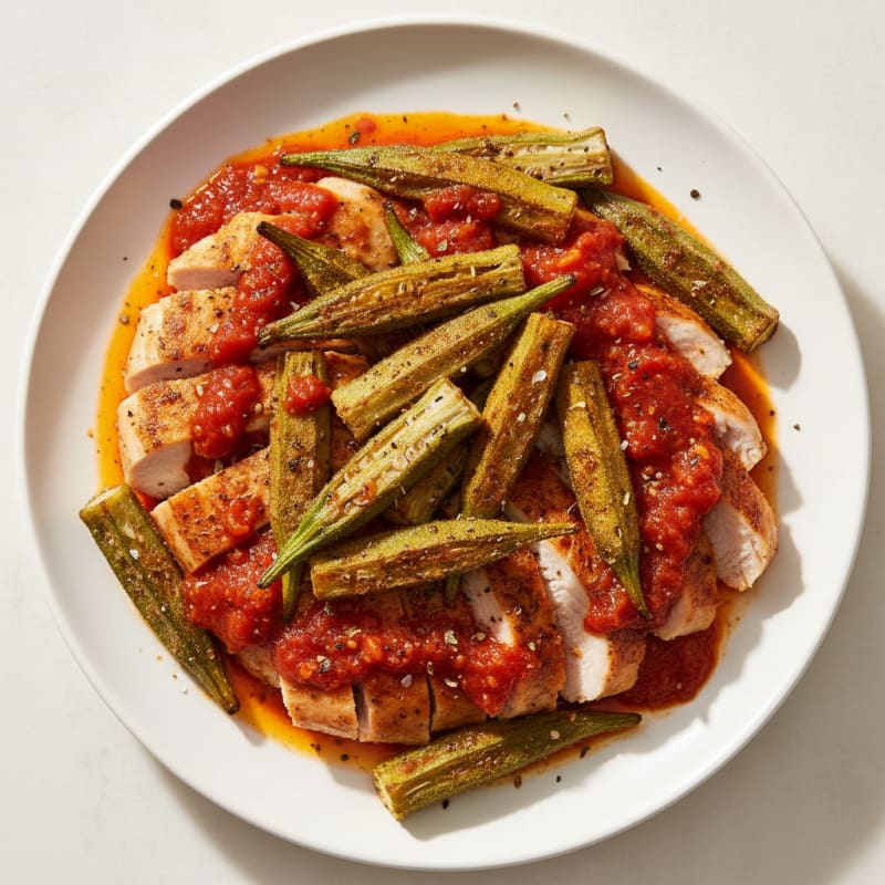 Crispy Roasted Okra with Zesty Tomato and Chicken