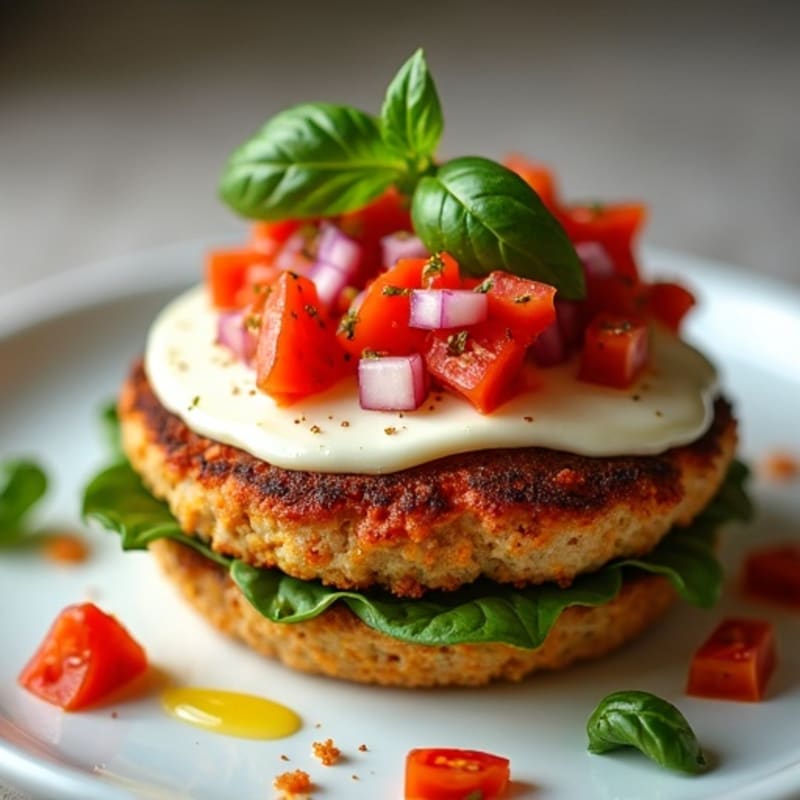 Crispy Pan-Seared Turkey Burger with Melted Mozzarella and Fresh Tomato Relish