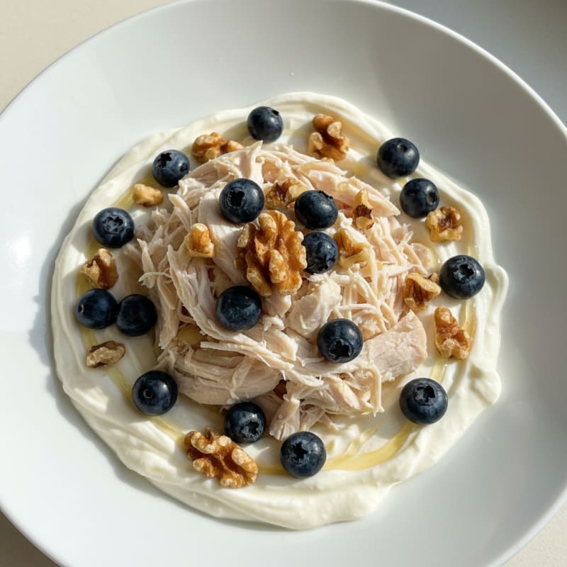 Vanilla Protein Yogurt with Shredded Chicken and Berries