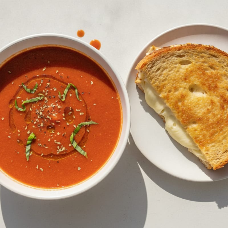 Lightened-Up Tomato Basil Soup with Sprouted Grilled Cheese