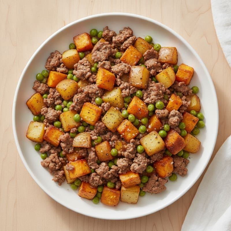 Beef and Sweet Potato Hash with Peas