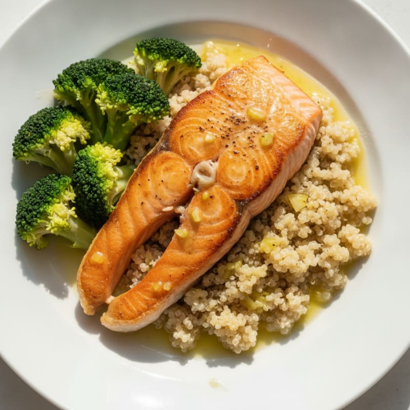Seared Salmon with Steamed Broccoli and Garlic Quinoa