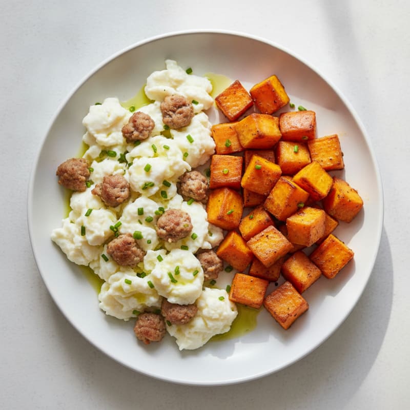 Scrambled Egg Whites with Turkey Sausage and Roasted Sweet Potato