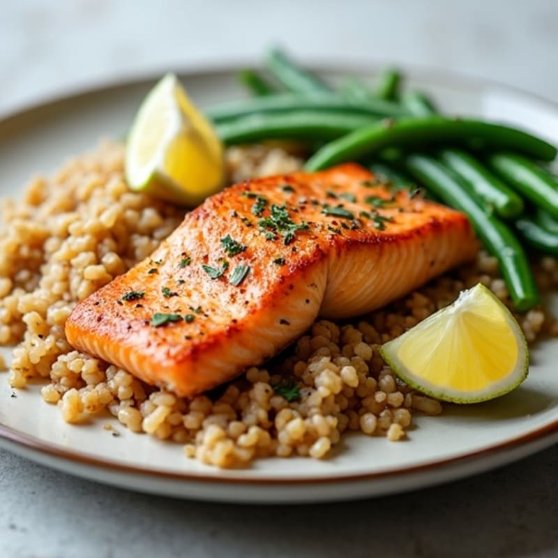 Seared Salmon Fillet with Garlic Green Beans and Brown Rice