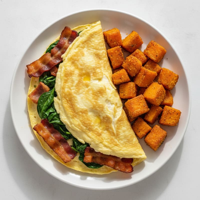 Crispy Turkey Bacon and Spinach Egg White Omelette with Roasted Sweet Potato