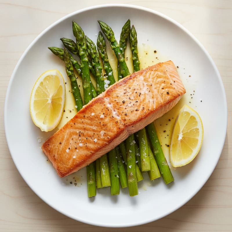 Seared Salmon Fillet with Roasted Asparagus and Lemon