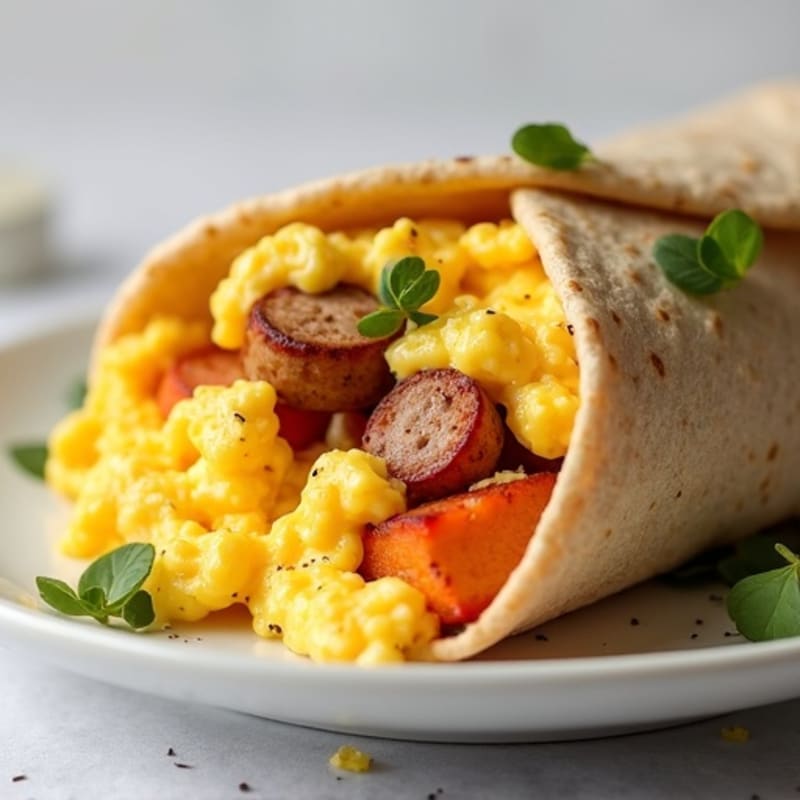 Scrambled Egg, Lean Turkey Sausage, and Roasted Sweet Potato Burrito