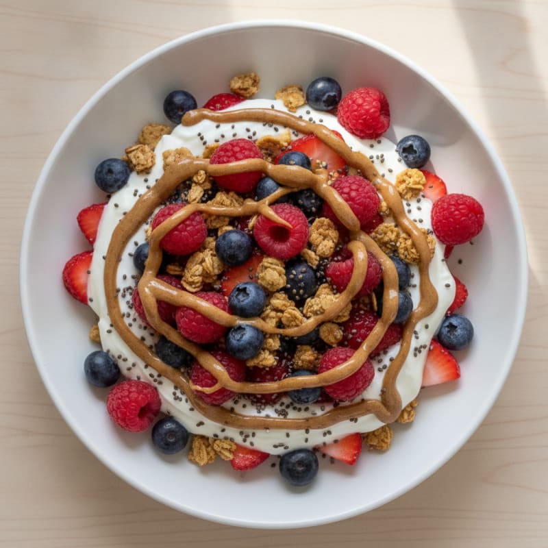 Greek Yogurt Protein Parfait with Mixed Berries and Almond Butter