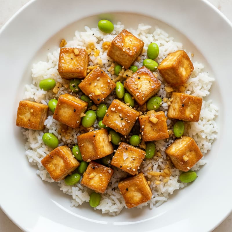 Ginger-Sesame Tofu Edamame Rice Bowl