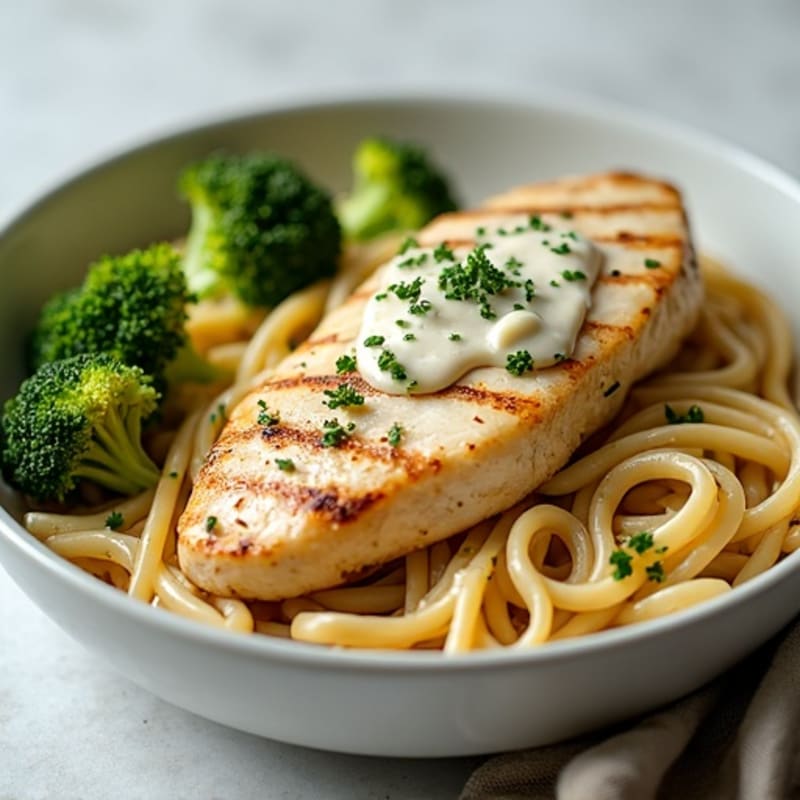 Healthy Creamy Chicken Alfredo with Whole Wheat Pasta and Roasted Broccoli