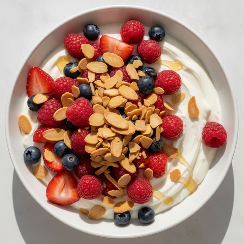 Silky Protein Yogurt with Sliced Almonds and Berries
