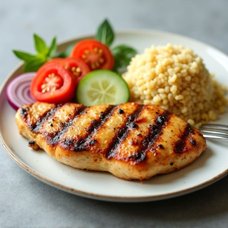 Grilled Chicken Breast with Cucumber Tomato Salad and Quinoa