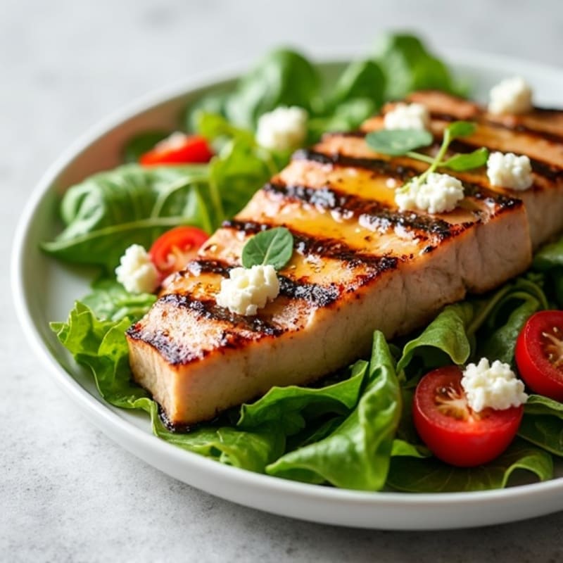 Grilled Tuna Steak with Mixed Greens and White Cheese Crumbles