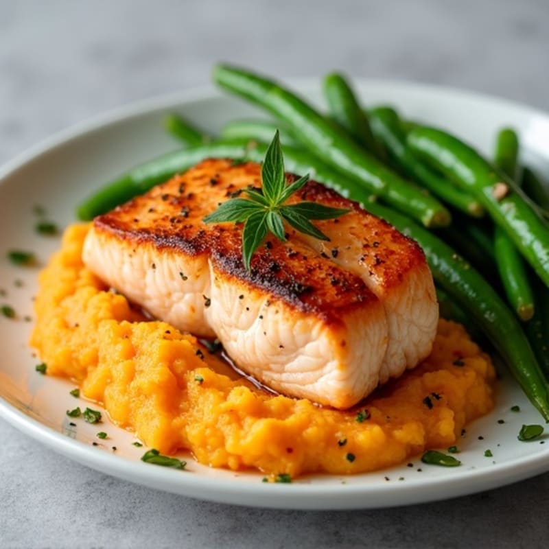 Seared Salmon with Garlic Green Beans and Sweet Potato Mash
