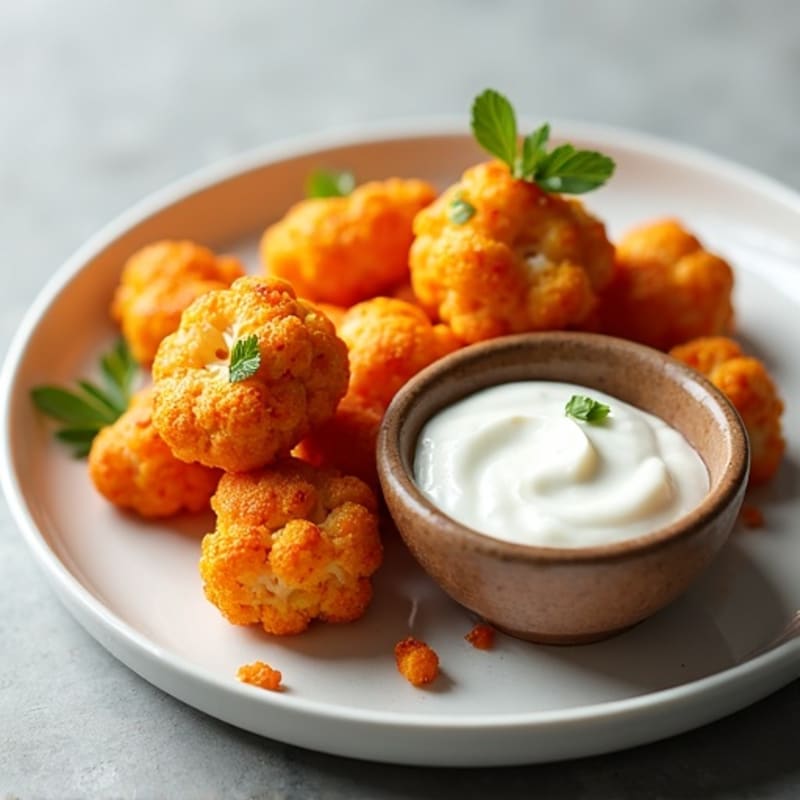 Crispy Buffalo Roasted Cauliflower Bites with Roasted Chickpeas and Greek Yogurt Dip