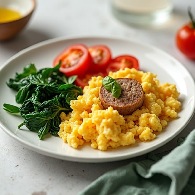 Egg White Scramble with Turkey Sausage and Sautéed Spinach