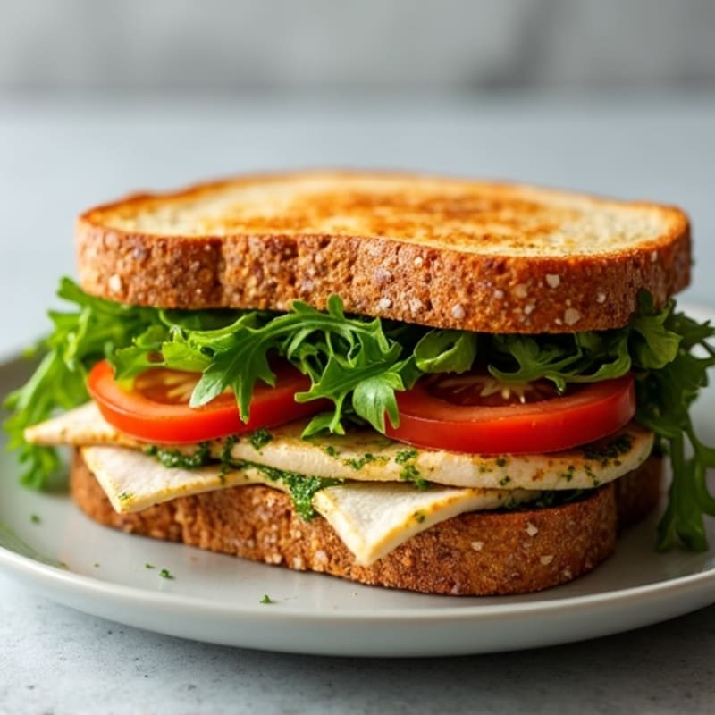 Crispy Grilled Turkey Pesto Sandwich with Fresh Arugula