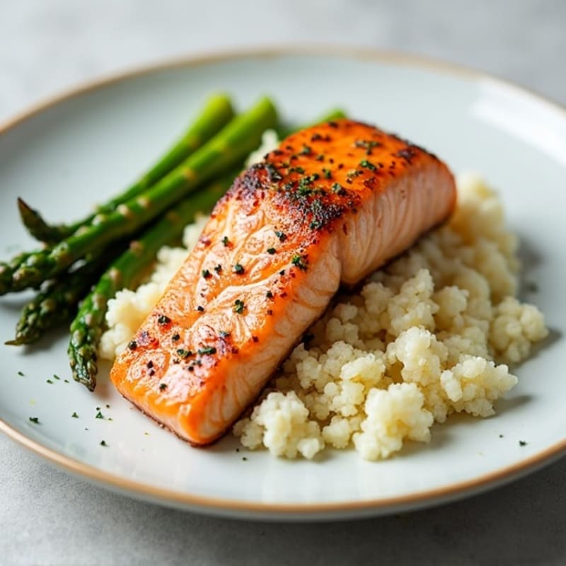 Seared Salmon with Steamed Asparagus and Cauliflower Rice