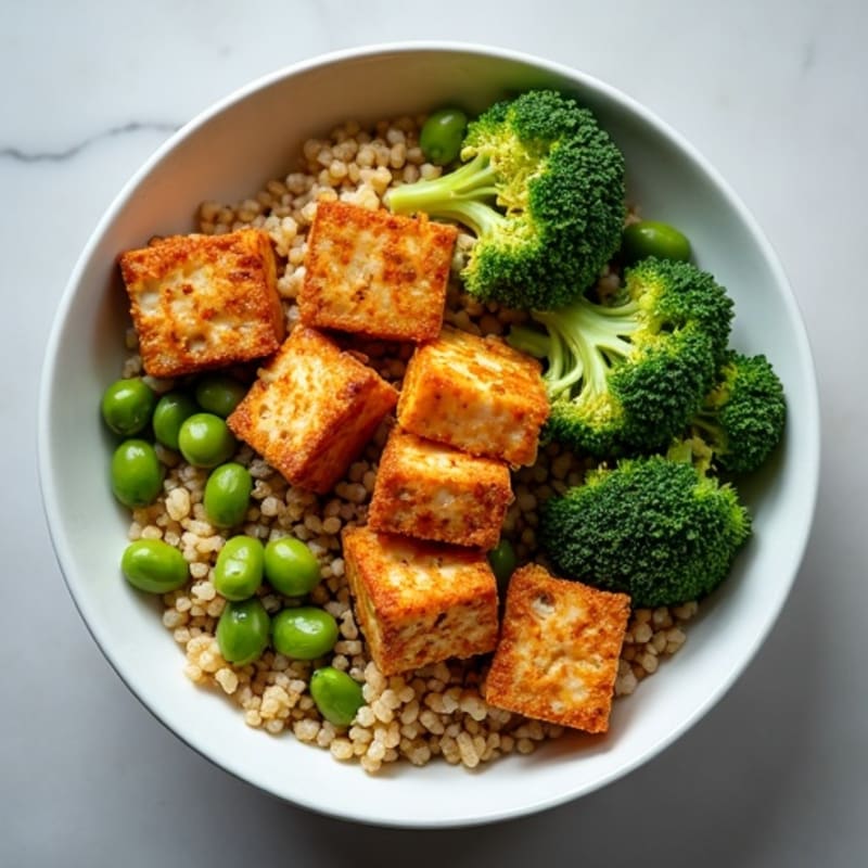 Crispy Tofu and Edamame Power Bowl with Quinoa and Roasted Broccoli
