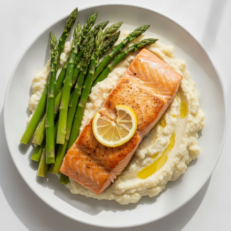 Seared Salmon with Steamed Asparagus and Garlic Cauliflower Mash
