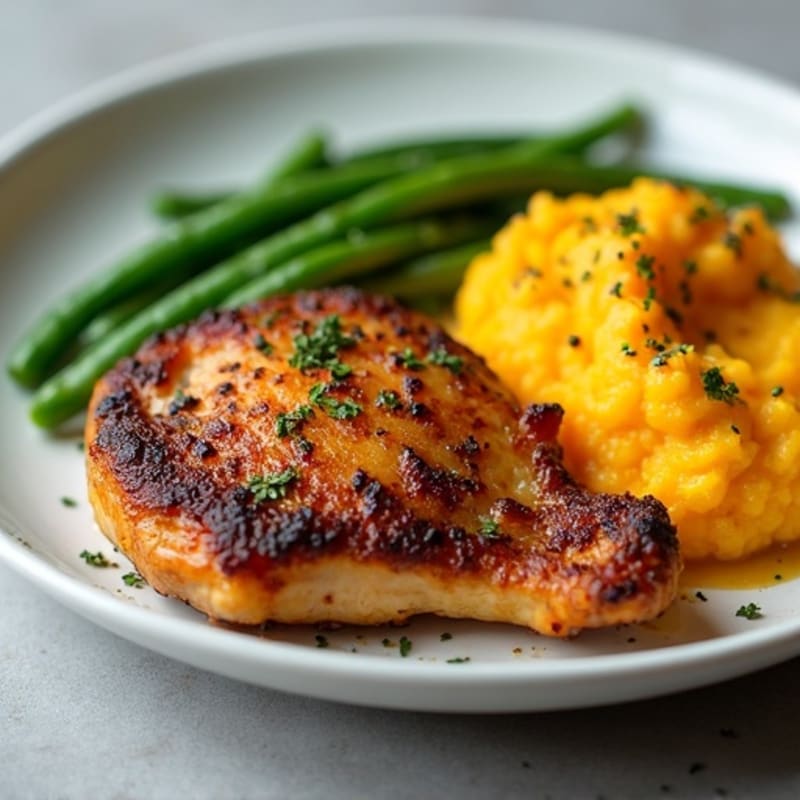 Seared Chicken Thighs with Garlic Green Beans and Mashed Sweet Potato