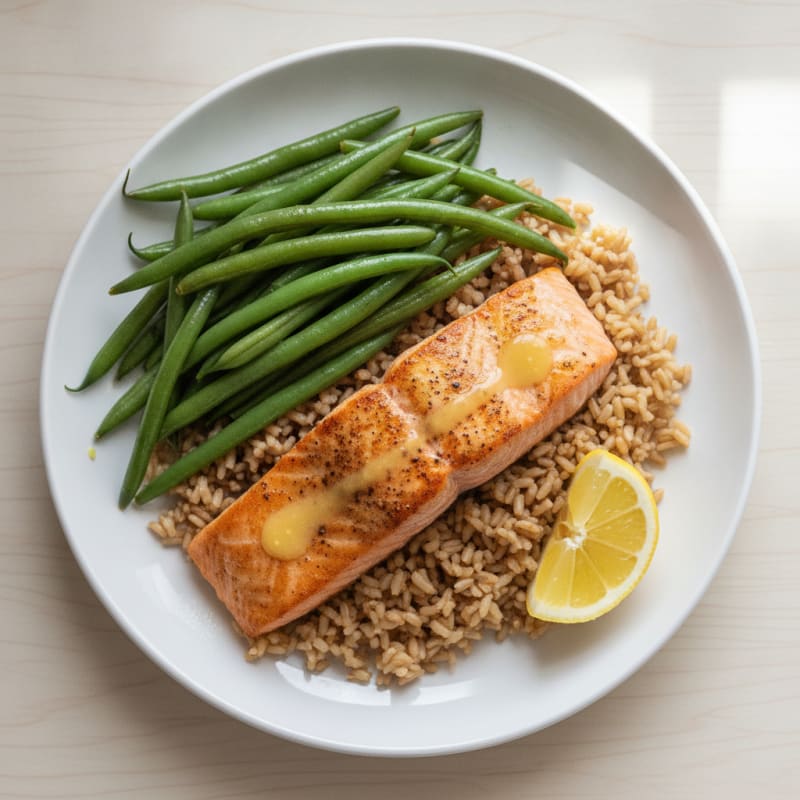 Seared Salmon with Steamed Green Beans and Brown Rice