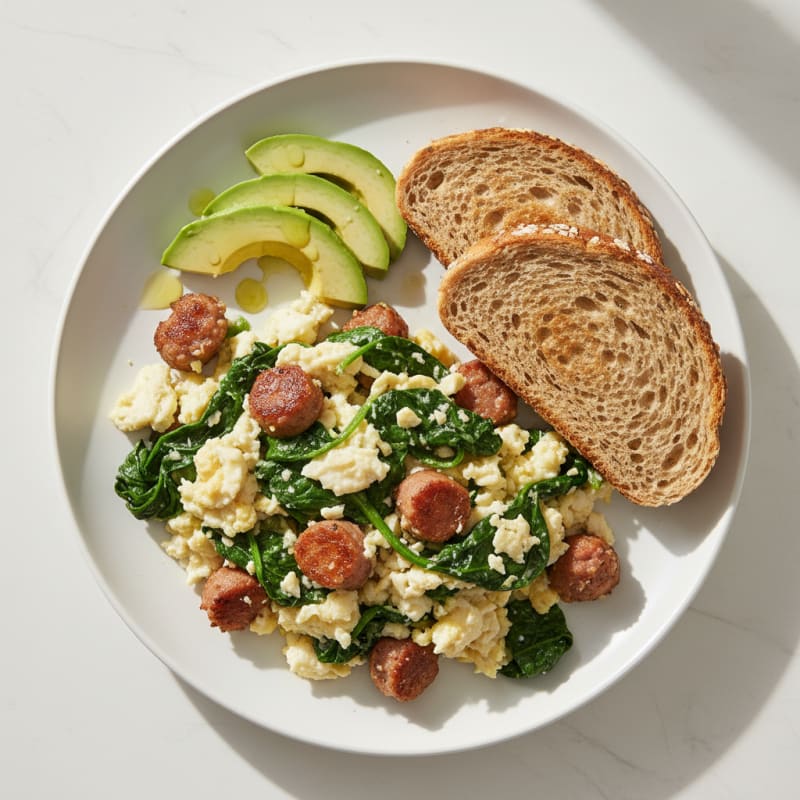 Egg White and Turkey Sausage Scramble with Sautéed Spinach